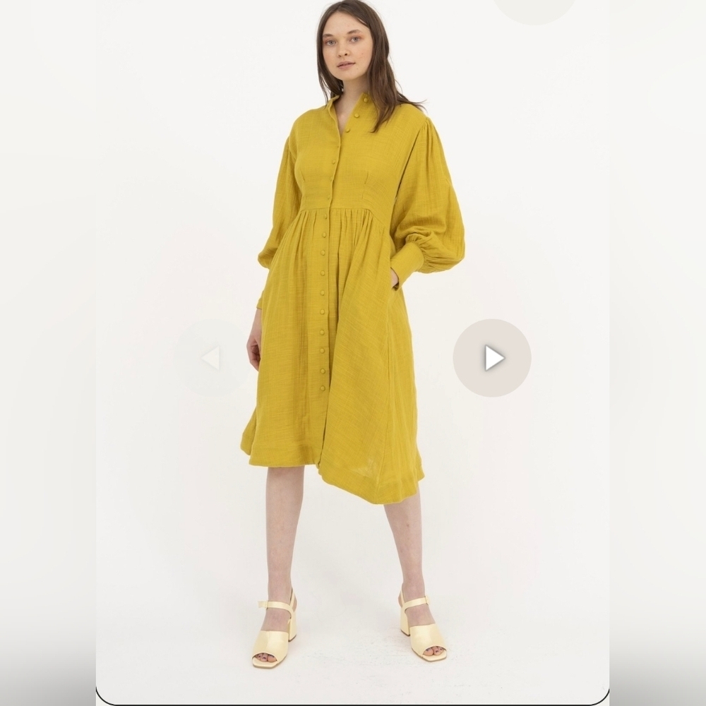 HKM Hannah Kristina Metz Helen Dress Mustard Yellow Button-Down Gauzy Cotton 2